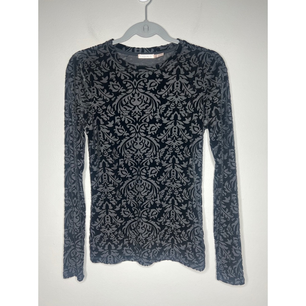 EsQualo Black Damask Burnout Velvet Top Women's S Sheer Sleeve Baroque Goth